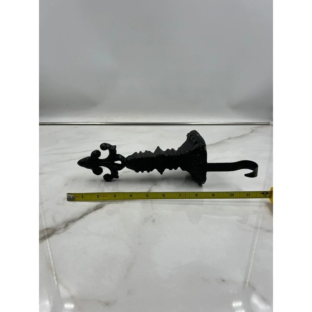 VTG Cast Iron Christmas Stocking Holder Mantel Hook Black Leaf Finial 12in